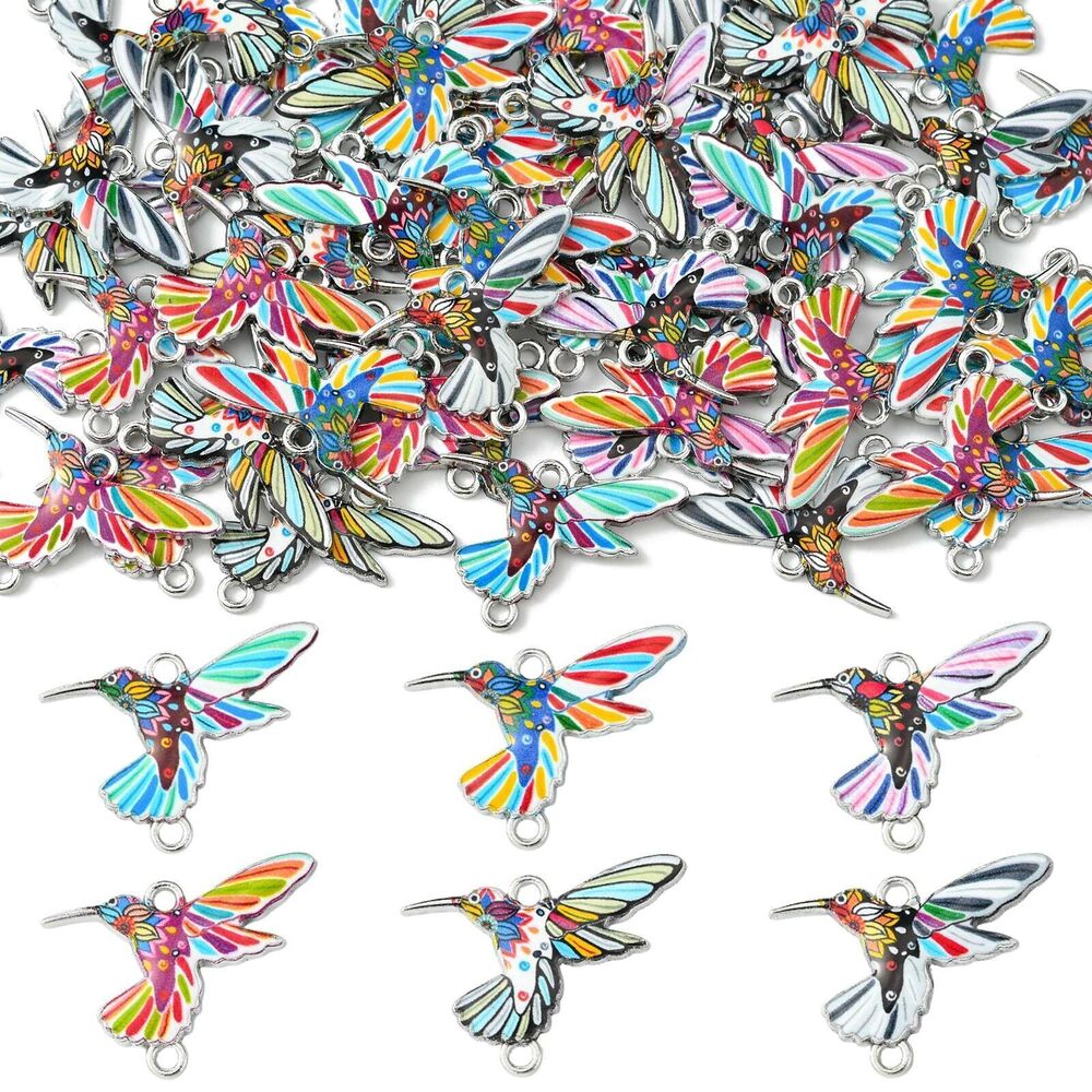 8263 60 Pcs Enamel Bird Charms Links Colourful Printed Hummingbird